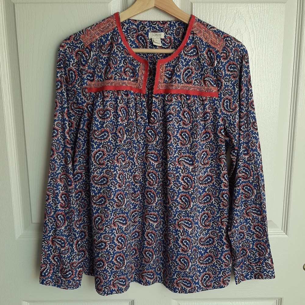 J Crew Blue Pink Paisley Peasant Top Size Small